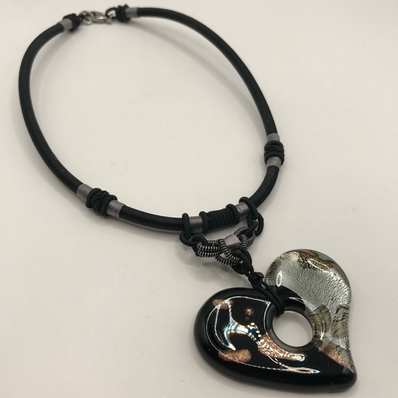 Unique Black and Silver Dichroic Glass Heart Pendant Necklace - Picture 5 of 9